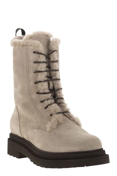 Brunello Cucinelli Suede Boot With Shearling Lining And Shiny Loop Detail In Neutral