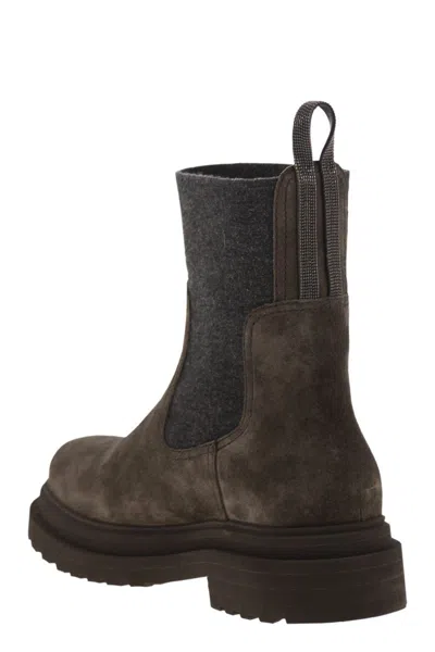 Brunello Cucinelli Suede Boot With Knitted Insert And Precious Loop Detail In Brown