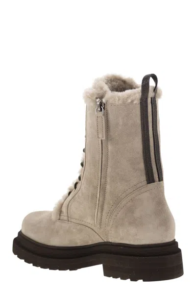Brunello Cucinelli Suede Boot With Shearling Lining And Shiny Loop Detail In Neutral