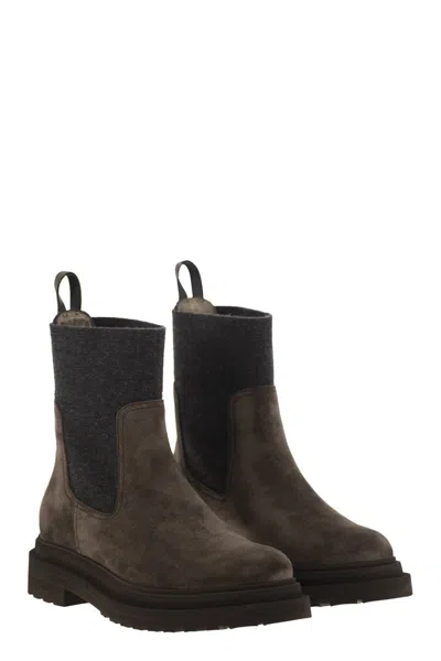 Brunello Cucinelli Suede Boot With Knitted Insert And Precious Loop Detail In Brown