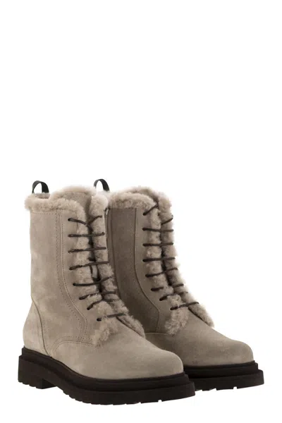Brunello Cucinelli Suede Boot With Shearling Lining And Shiny Loop Detail In Neutral