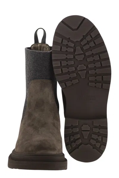 Brunello Cucinelli Suede Boot With Knitted Insert And Precious Loop Detail In Brown