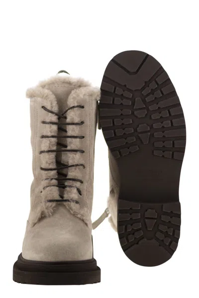 Brunello Cucinelli Suede Boot With Shearling Lining And Shiny Loop Detail In Neutral