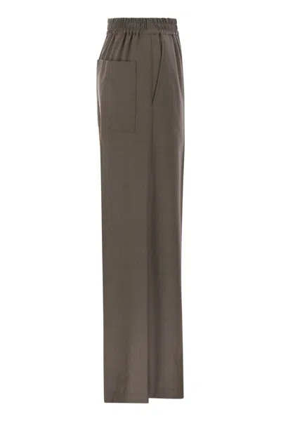 Brunello Cucinelli Trousers Wool Back Pockets Elastic Waistband Wide Leg In Brown