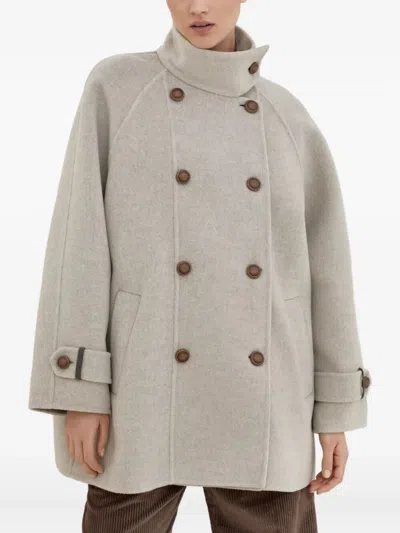 Brunello Cucinelli Virgin Wool And Cashmere Peacoat In Double Cloth With Shiny Cuff Details In Gray
