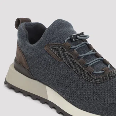 Brunello Cucinelli Runners In Techno Fabric And Calfskin With Precious Trim In Gray