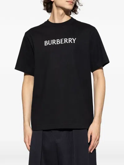 Burberry Men Black Crewneck T-shirt With Logo Lettering On The Front In Cotton Man