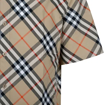 Burberry Beige Shirt With Classic Collar And All-over Check Motif In Cotton Man In Brown