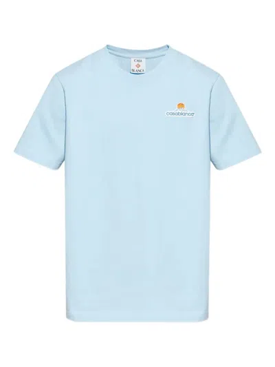 Casablanca Light Blue Logo Embroidered Cotton T-shirt In Blue