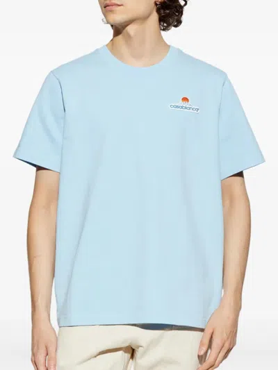 Casablanca Light Blue Logo Embroidered Cotton T-shirt In Blue