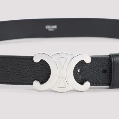 Celine Textured Leather Belt Silver-tone Buckle In Black