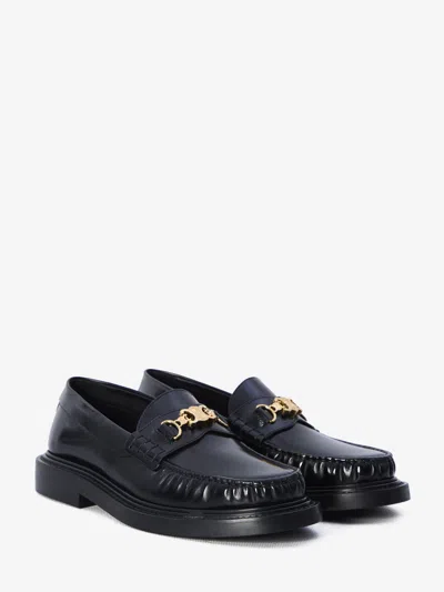 Celine Triomphe Polished Bullskin Chain Loafers In Black