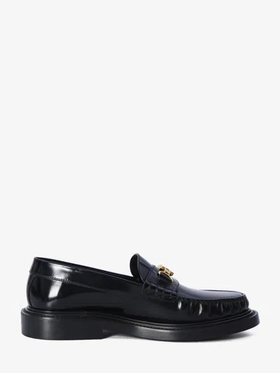 Celine Triomphe Polished Bullskin Chain Loafers In Black