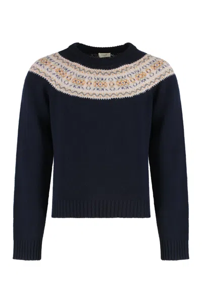Celine Crew Neck Sweater In Fair Isle Wool Triomphe In Blue