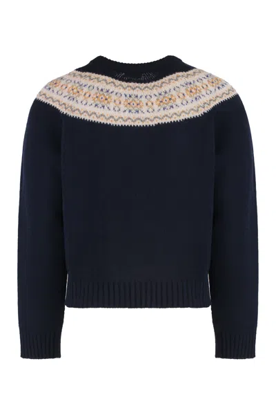 Celine Crew Neck Sweater In Fair Isle Wool Triomphe In Blue