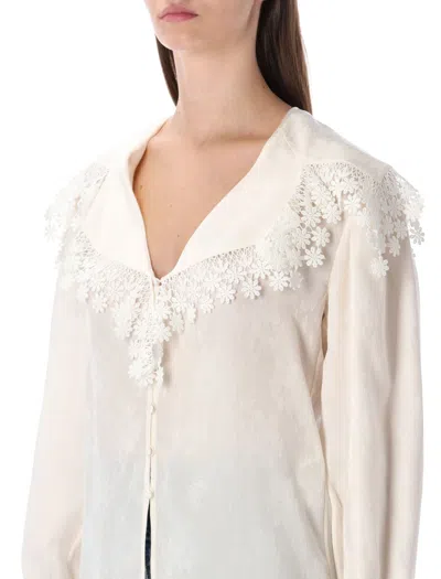 Chloé Blouse With A Maxi Collar In Silk Jacquard And Lace In Neutral