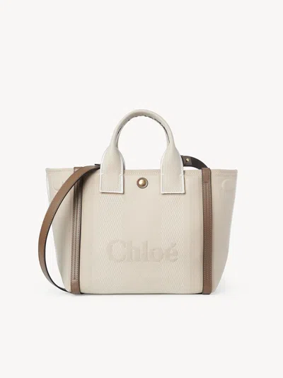 Chloé Carry Small Tote Bag In Beige Striped Canvas In Brown