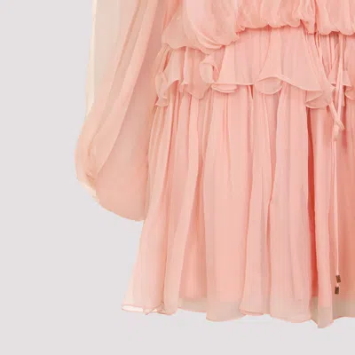Chloé Women Pink Mini Dress With Drawstring On The Front And Cape Design In Silk Woman In Neutral