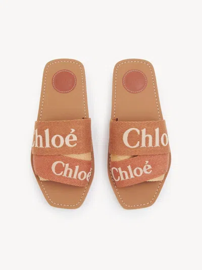 Chloé Caramel Linen Woody Slippers In Brown