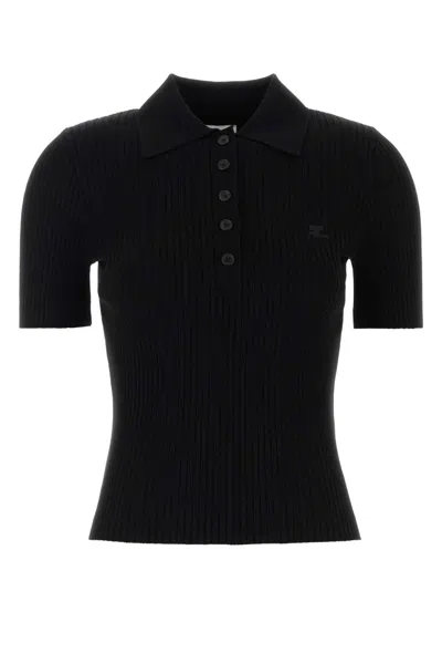 Courrèges Ribbed Short-sleeved Polo Shirt With Buttoned Placket In Blue