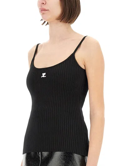 Courrèges Ribbed Spaghetti Strap Top With Elegant Logo Detail And Luxurious Fabric Blend In Black
