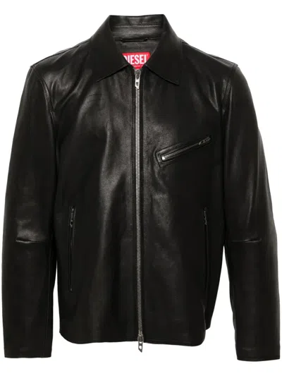 Diesel Leather Jacket With Embossed Oval D In Tobedefined