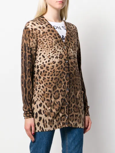 Dolce & Gabbana Cashmere Cardigan With Leopard Print In Brown