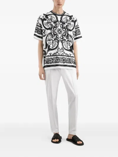 Dolce & Gabbana Men Black And White Crewneck T-shirt With All-over Graphic Print In Cotton Man In Multi