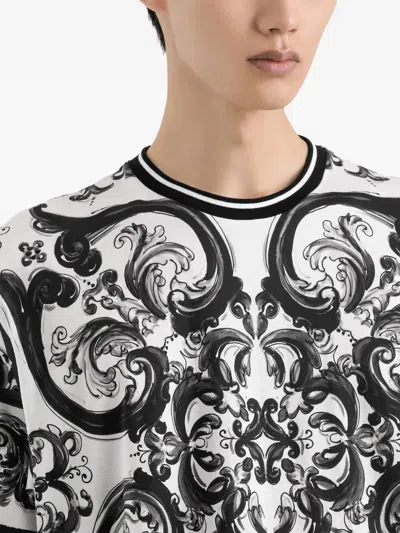 Dolce & Gabbana Men Black And White Crewneck T-shirt With All-over Graphic Print In Cotton Man In Multi