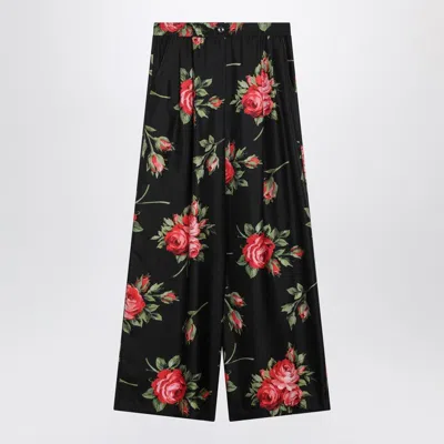Dolce & Gabbana Wide Twill Trousers With Rose Bouquet Print In Multi