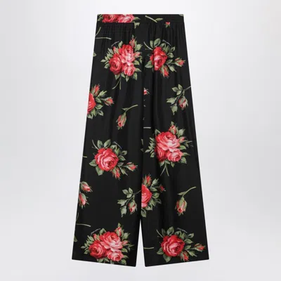 Dolce & Gabbana Wide Twill Trousers With Rose Bouquet Print In Multi