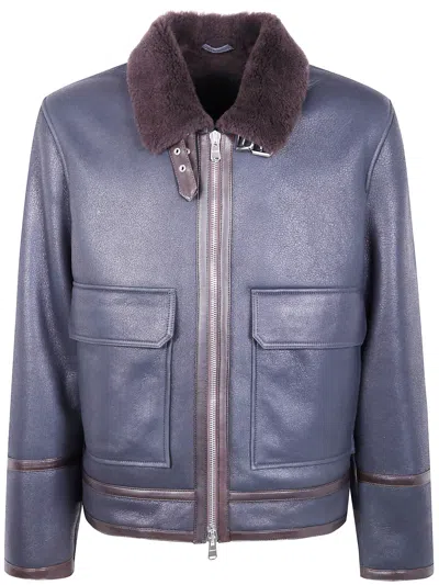 Dondup Buckle Leather Patch Shearling Collar Jacket In Blue