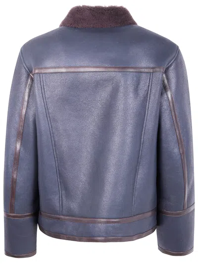 Dondup Buckle Leather Patch Shearling Collar Jacket In Blue