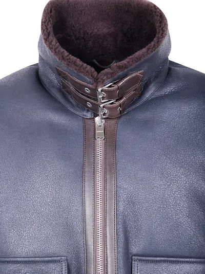 Dondup Buckle Leather Patch Shearling Collar Jacket In Blue