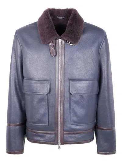 Dondup Buckle Leather Patch Shearling Collar Jacket In Blue