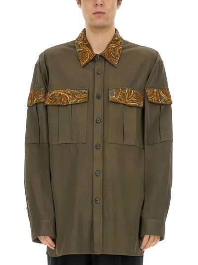 Dries Van Noten Embroidered Panels And Collar Long Sleeve Shirt In Green