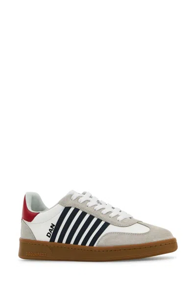 Dsquared2 Iconic White Calf Leather Boxer Sneakers In Multi