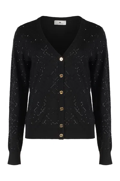 Elisabetta Franchi Cardigan In Wool With Crystals In Black
