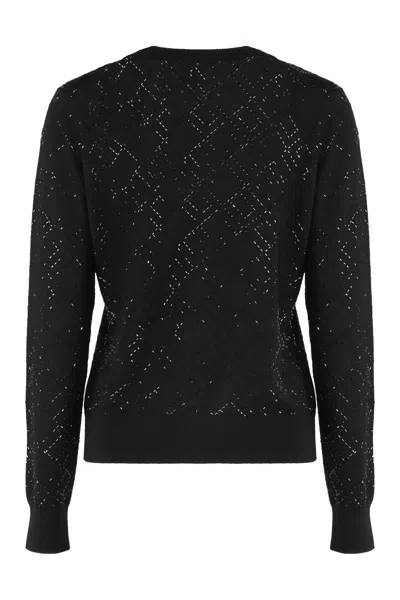 Elisabetta Franchi Cardigan In Wool With Crystals In Black