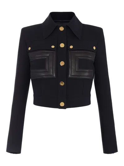 Elisabetta Franchi Jacket In Technical Fabric With Faux Leather Details In Black