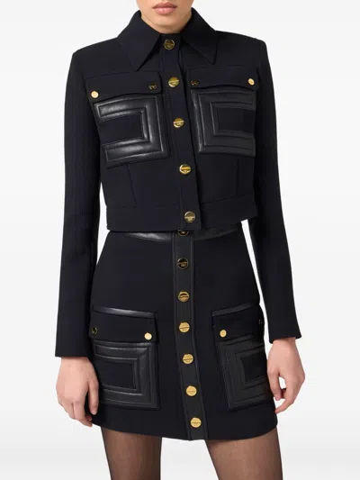 Elisabetta Franchi Jacket In Technical Fabric With Faux Leather Details In Black