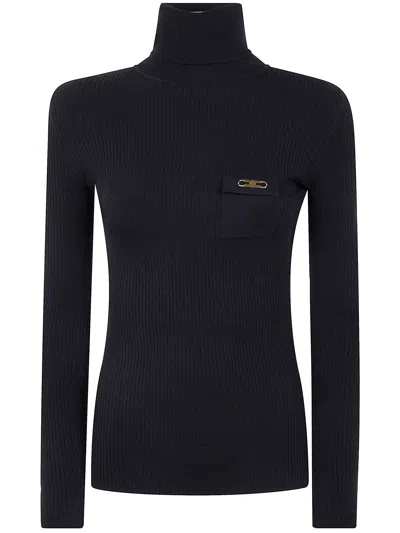 Elisabetta Franchi Turtleneck Ribbed T-shirt In Black