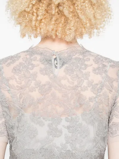 Ermanno Scervino Floral Lace Round Neck Sheer Top In Gray