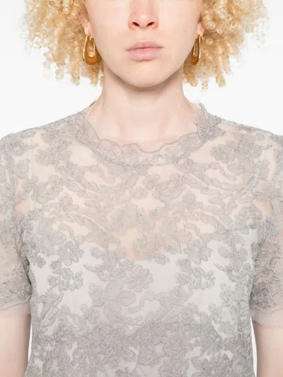 Ermanno Scervino Floral Lace Round Neck Sheer Top In Gray