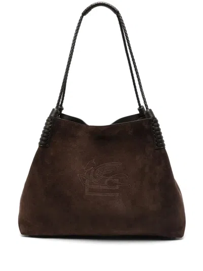 Etro Small Libra Braided Suede Shoulder Bag In Brown