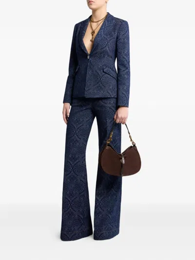 Etro Flared Jacquard Denim Jeans With Pegaso Buttons In Blue