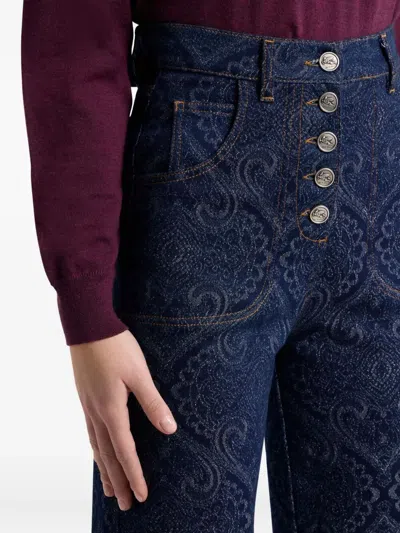 Etro Flared Jacquard Denim Jeans With Pegaso Buttons In Blue