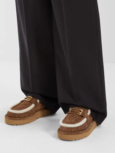 Fendi Women Beige Mules With Logo Lettering On The Rear And Ff Buckle In Suede Woman In Multi