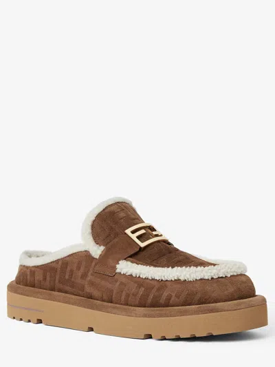 Fendi Women Beige Mules With Logo Lettering On The Rear And Ff Buckle In Suede Woman In Multi