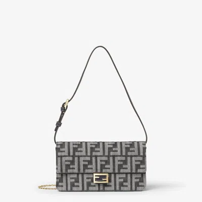 Fendi Wallet On Chain Baguette In Blue Denimeffect Ff Jacquard In Black